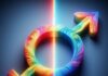 Sexo humano: ¿binario o espectro? símbolos de macho y hembra unidos, coloridos