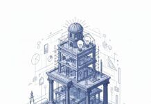 Cómo convertir una idea en un proyecto científico: inscribite al taller intensivo de investigación Ilustración técnica de una torre en construcción que combina arquitectura clásica y moderna, rodeada de herramientas de medición, libros abiertos, gráficos y lupas, simbolizando el proceso de construcción del conocimiento científico.