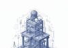 Cómo convertir una idea en un proyecto científico: inscribite al taller intensivo de investigación Ilustración técnica de una torre en construcción que combina arquitectura clásica y moderna, rodeada de herramientas de medición, libros abiertos, gráficos y lupas, simbolizando el proceso de construcción del conocimiento científico.