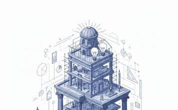 Cómo convertir una idea en un proyecto científico: inscribite al taller intensivo de investigación Ilustración técnica de una torre en construcción que combina arquitectura clásica y moderna, rodeada de herramientas de medición, libros abiertos, gráficos y lupas, simbolizando el proceso de construcción del conocimiento científico.